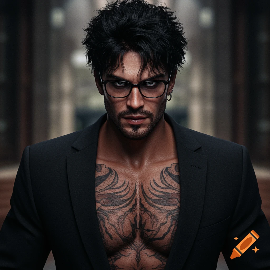 Photorealistic portrait of a man with black hair, glasses, and chest tattoos wearing a black suit jacket.