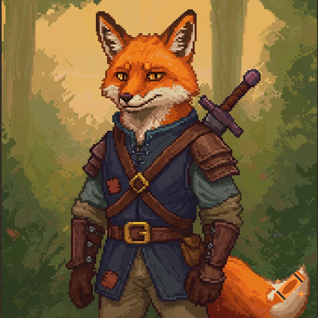 Pixel art portrait of an anthropomorphic fox adventurer with a sword.