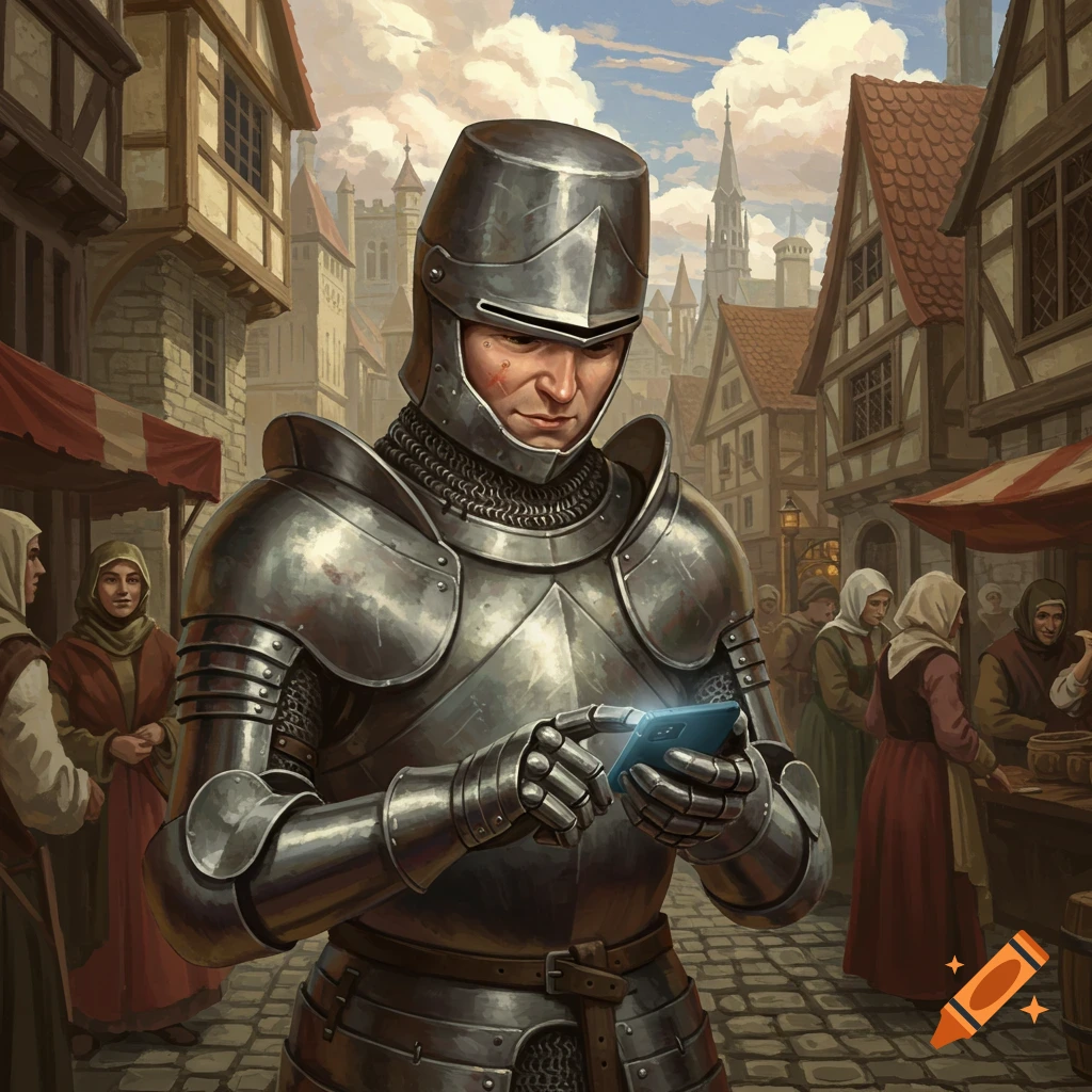 A medieval knight in full armor looks at a smartphone in a market street.
