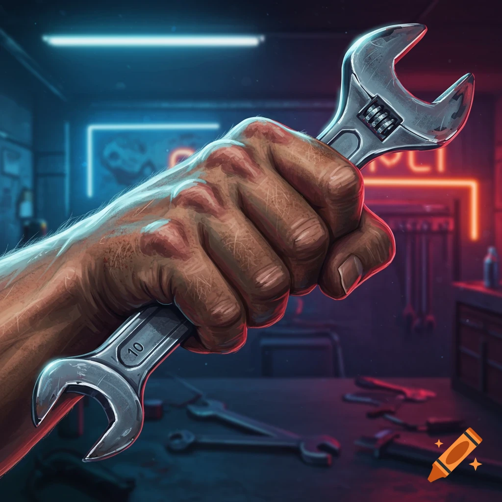 A close-up of a hand holding a wrench in a dimly lit workshop with neon signs.
