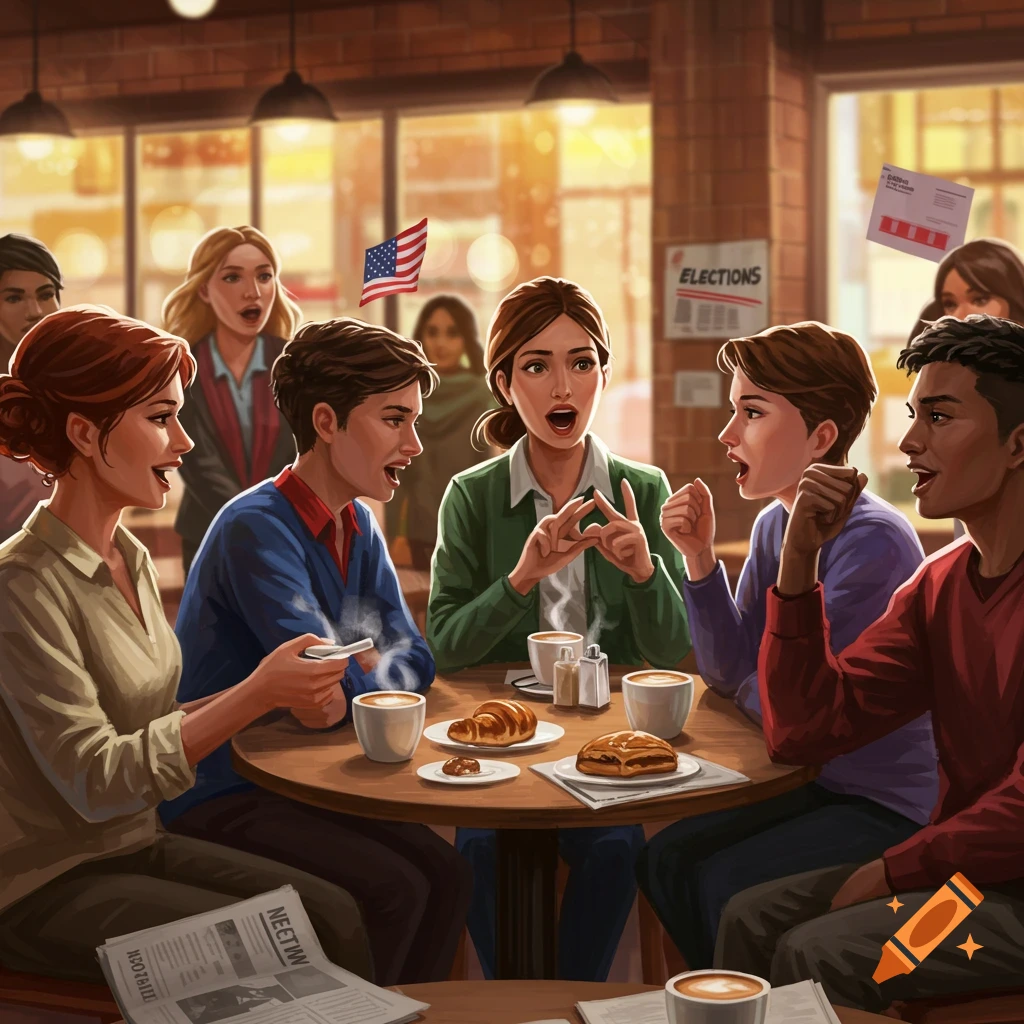 People chat around a table in a coffee shop, with newspapers and coffee cups visible.