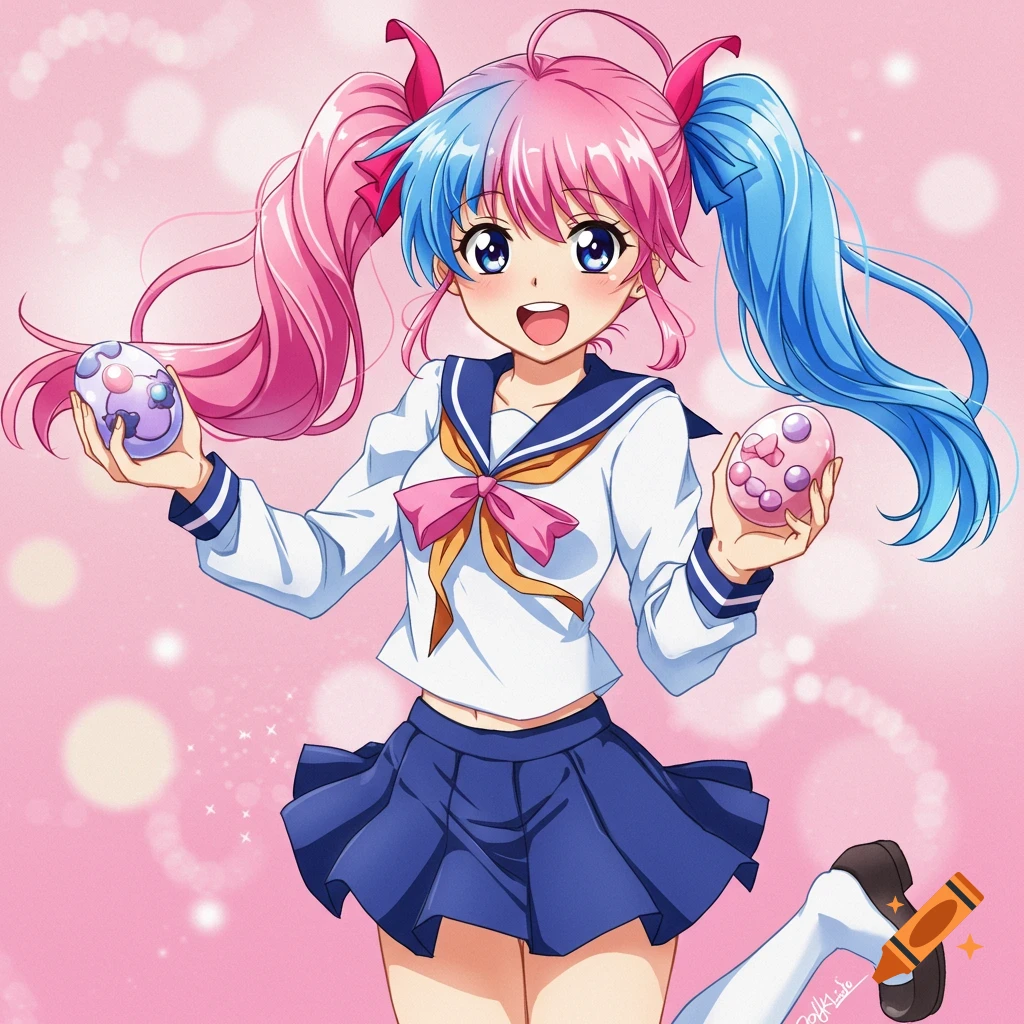 An anime girl with pink and blue hair in a school uniform holds two patterned eggs.