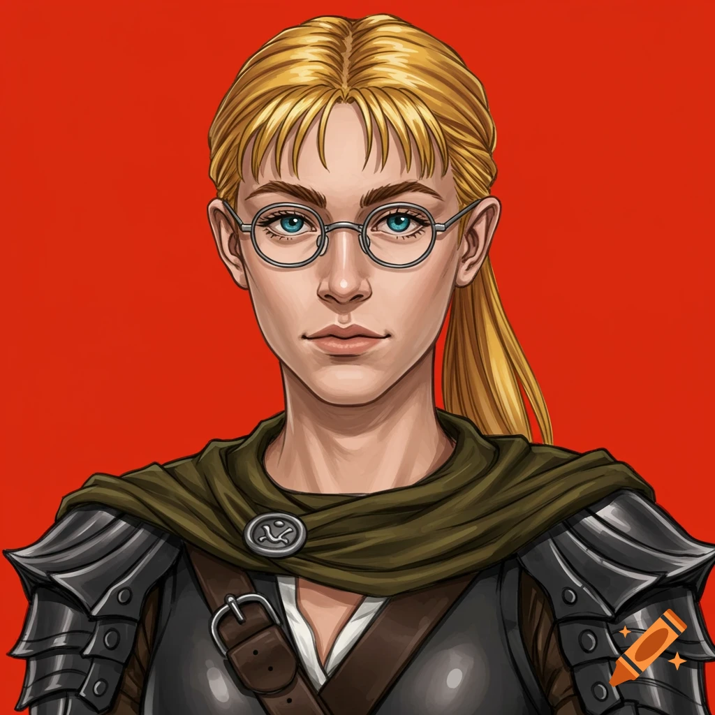 A blonde woman in glasses, armor, and cloak.