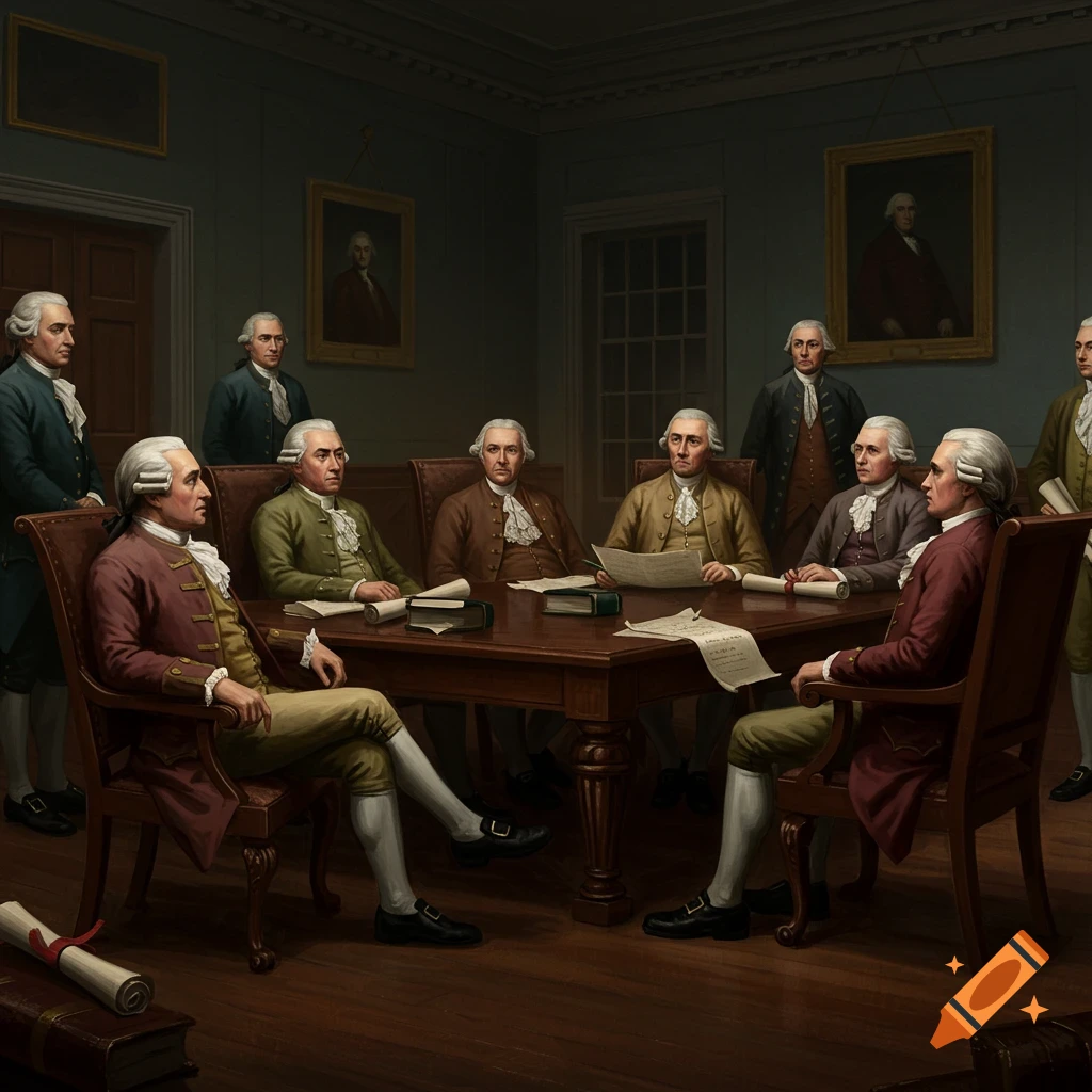 colonial leaders meeting at a table with papers and scrolls.