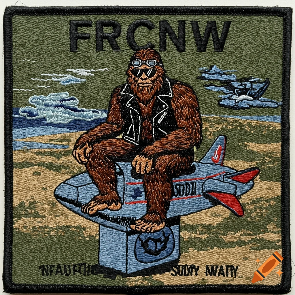 Embroidered military patch of Bigfoot in sunglasses and leather jacket riding a jet