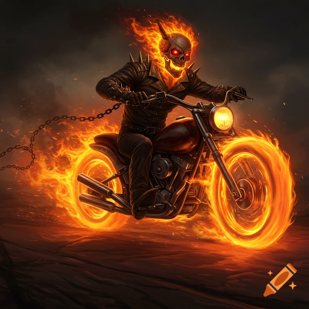 A flaming skull figure, resembling Ghost Rider, rides a motorcycle engulfed in fire.