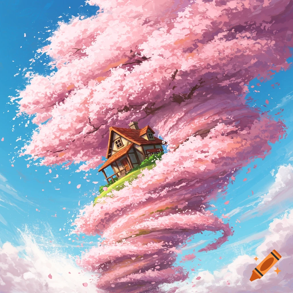 A small house is caught in a swirling tornado made of pink cherry blossoms against a blue sky.