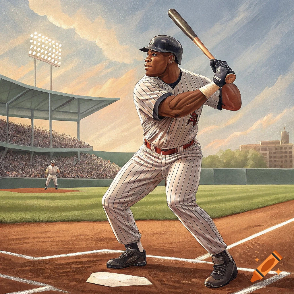 Illustration of a baseball player batting in a stadium.