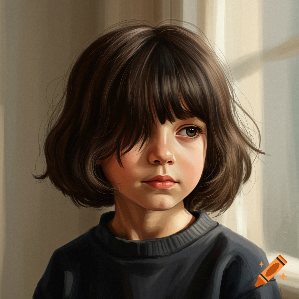 Hyperrealistic portrait of a child with dark bobbed hair looking away.