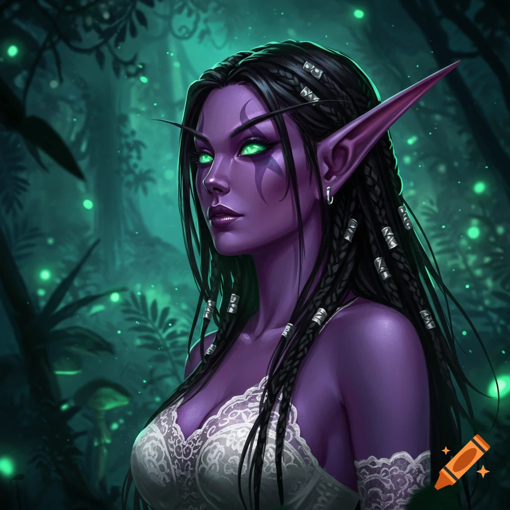 Image of a purple-skinned female Night Elf with glowing green eyes in a forest.