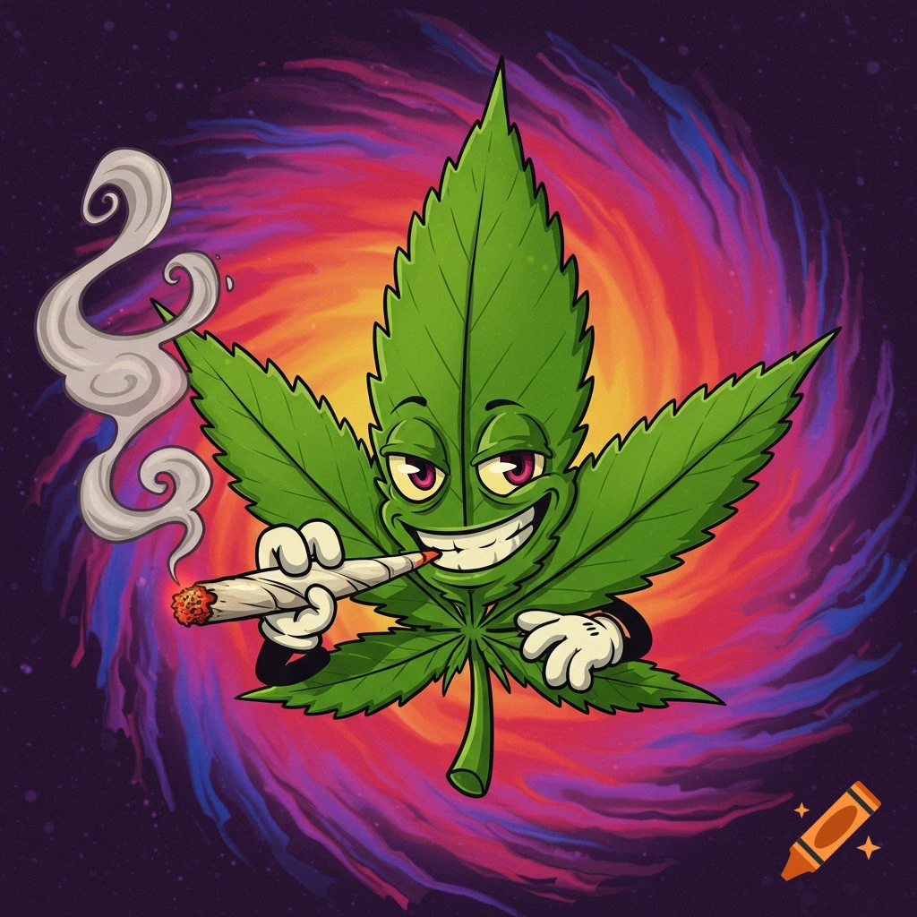 Cartoon marijuana leaf character smoking a joint against a colorful abstract background, digital illustration