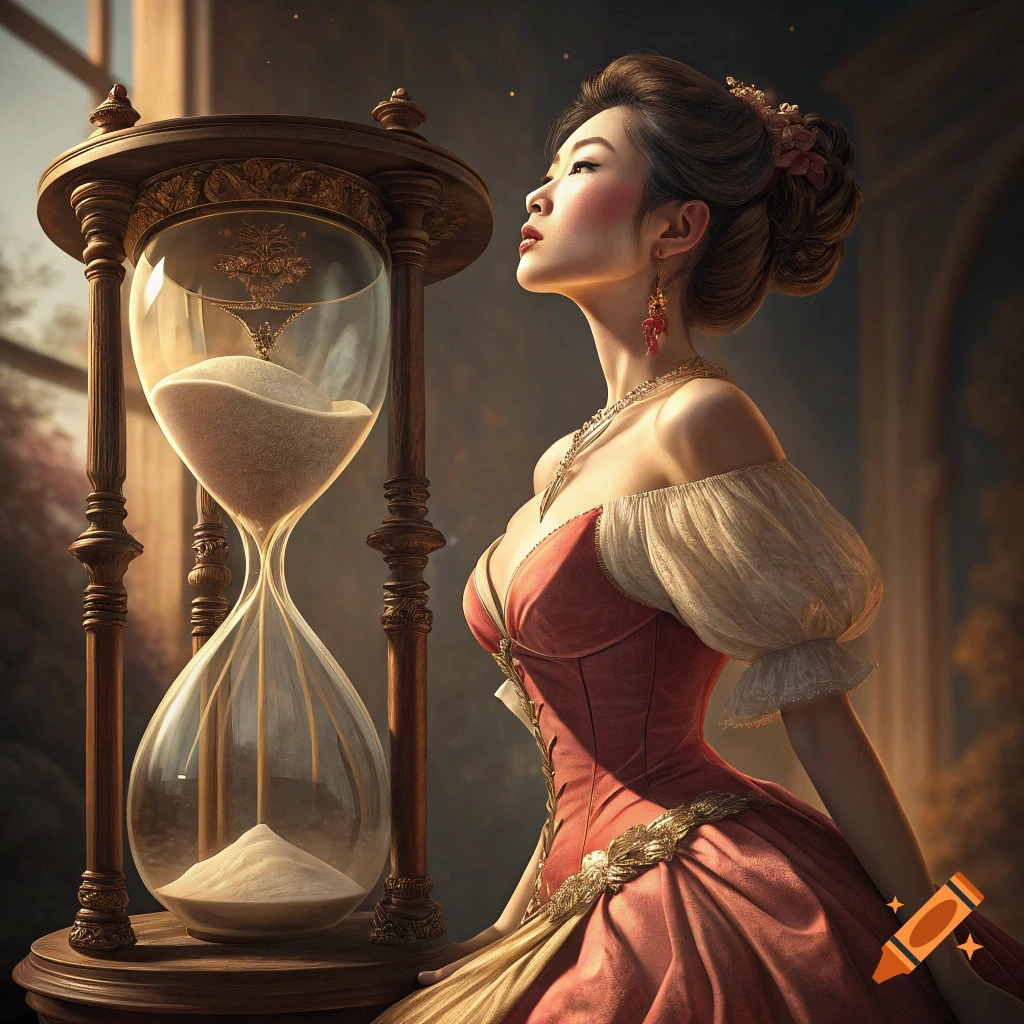 Woman in historical dress looking at a large hourglass, classical art style.
