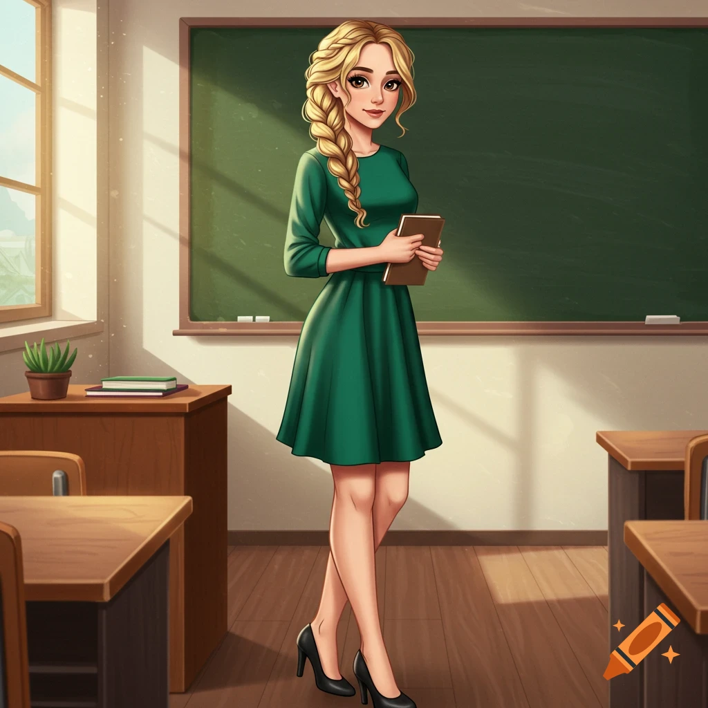 A cartoon illustration of a female teacher standing in a classroom.