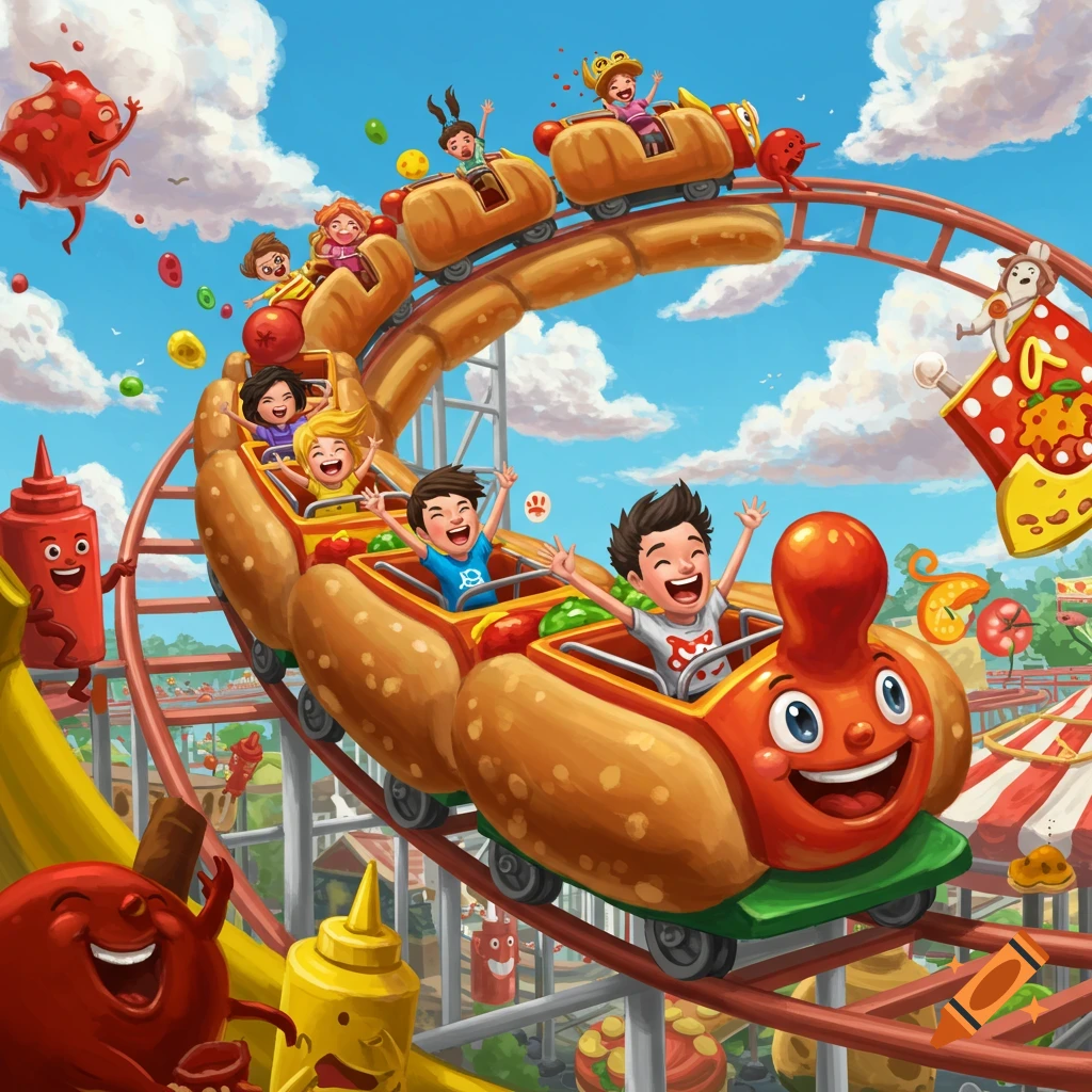 Cartoon illustration of children riding a hotdog-themed roller coaster with anthropomorphic food characters.