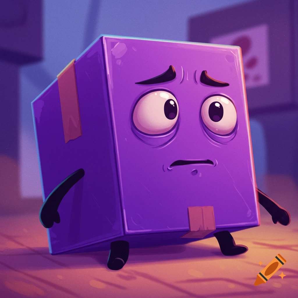 Cartoon of a worried purple box with arms and legs