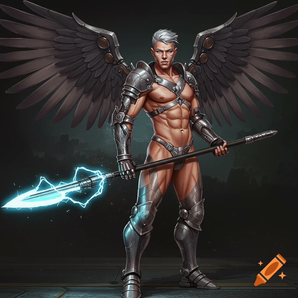 Image of a muscular man with mechanical wings in futuristic armor holding an electric spear.