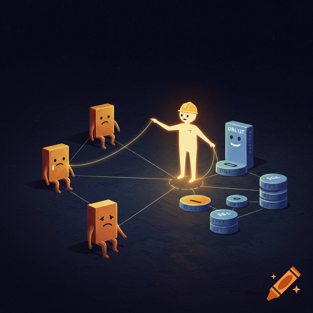 A glowing architect figure connects sad brick-like creatures to smiling data blocks with bright lines in a surreal scene.