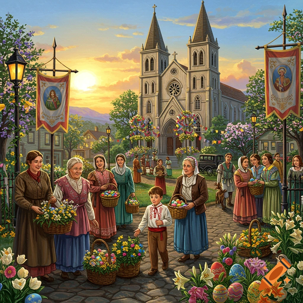 People with Easter baskets and eggs outside a church