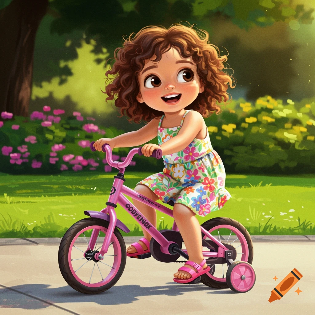 Illustration of a cheerful young girl on a pink bicycle with training wheels in a sunny park.