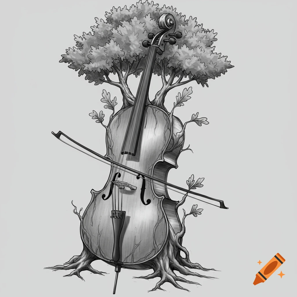 A black and white sketch of a cello fused with a tree.