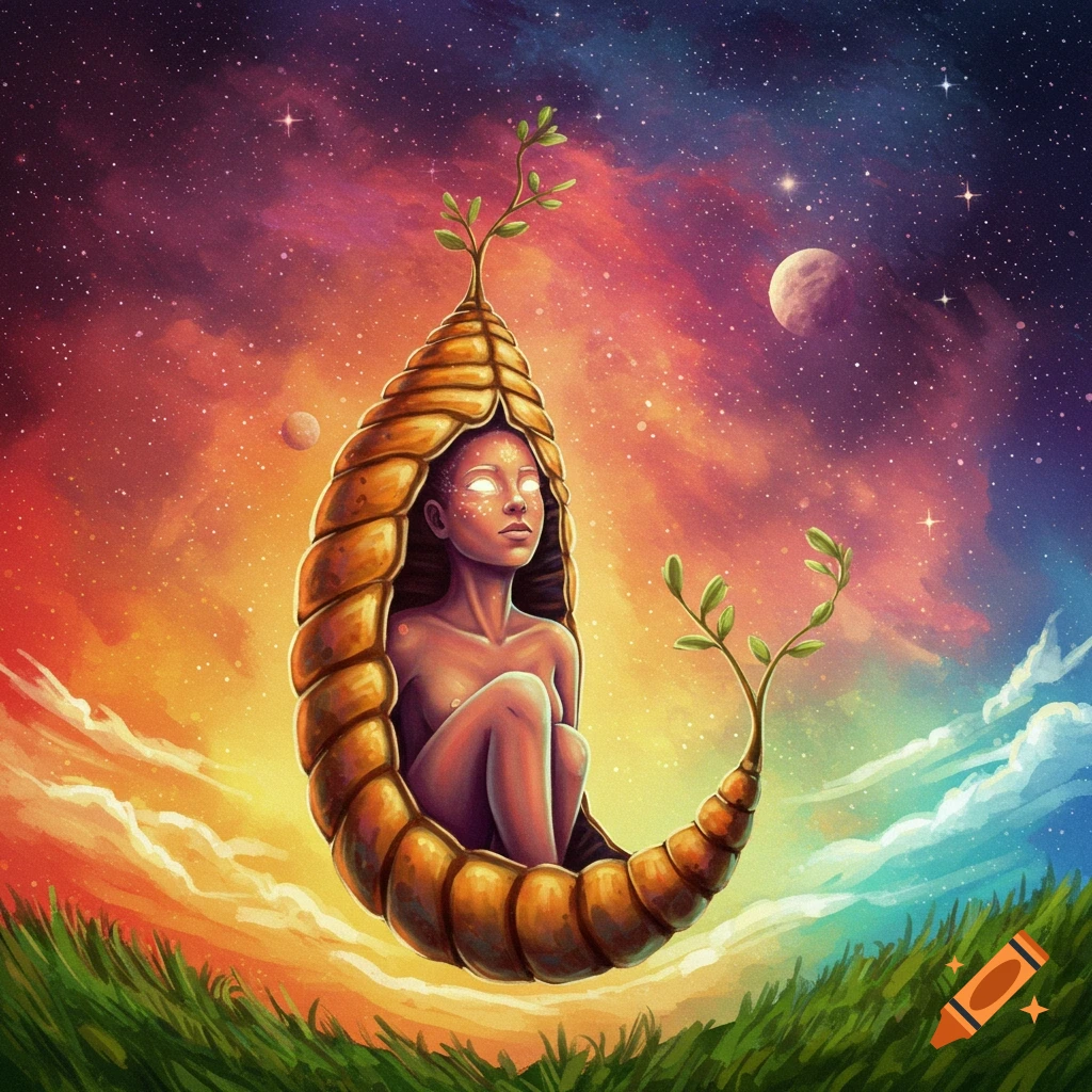 A person in a seed pod floats in a vibrant cosmic sky above green grass.
