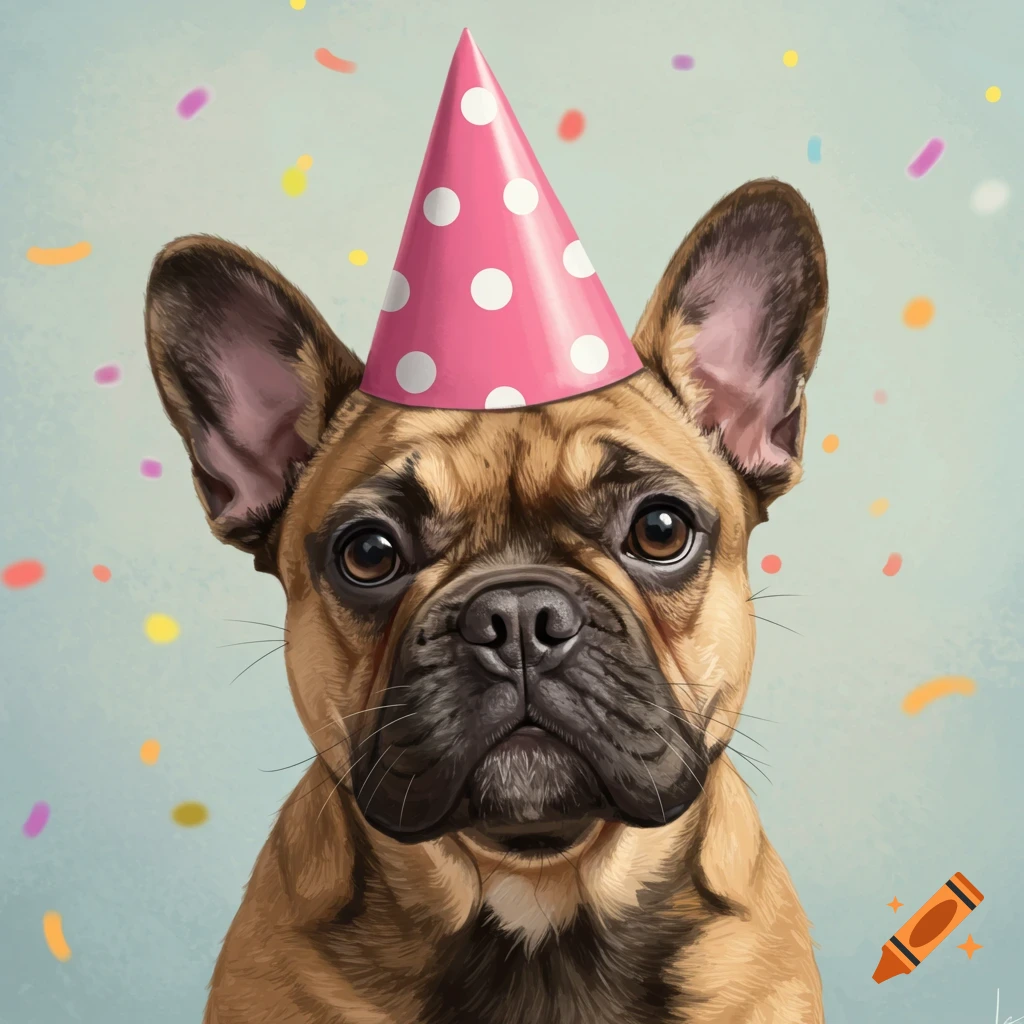 French bulldog wearing a pink party hat with confetti