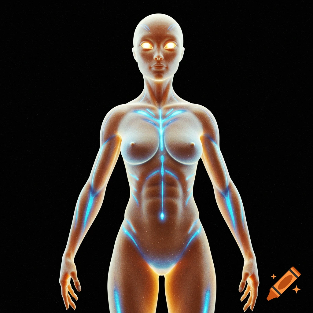 A glowing, translucent alien figure with blue lines under the skin and amber eyes.