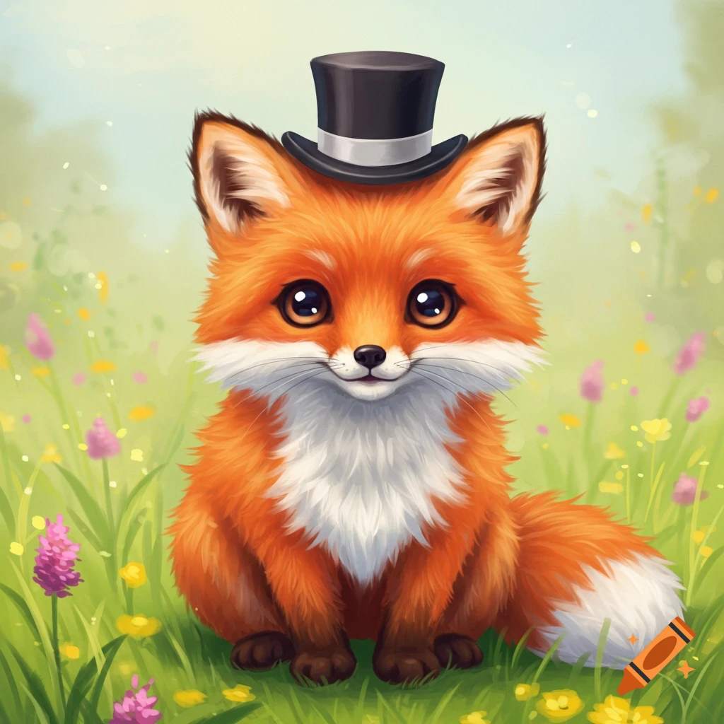A cute fox wearing a top hat is sitting in a field of flowers.