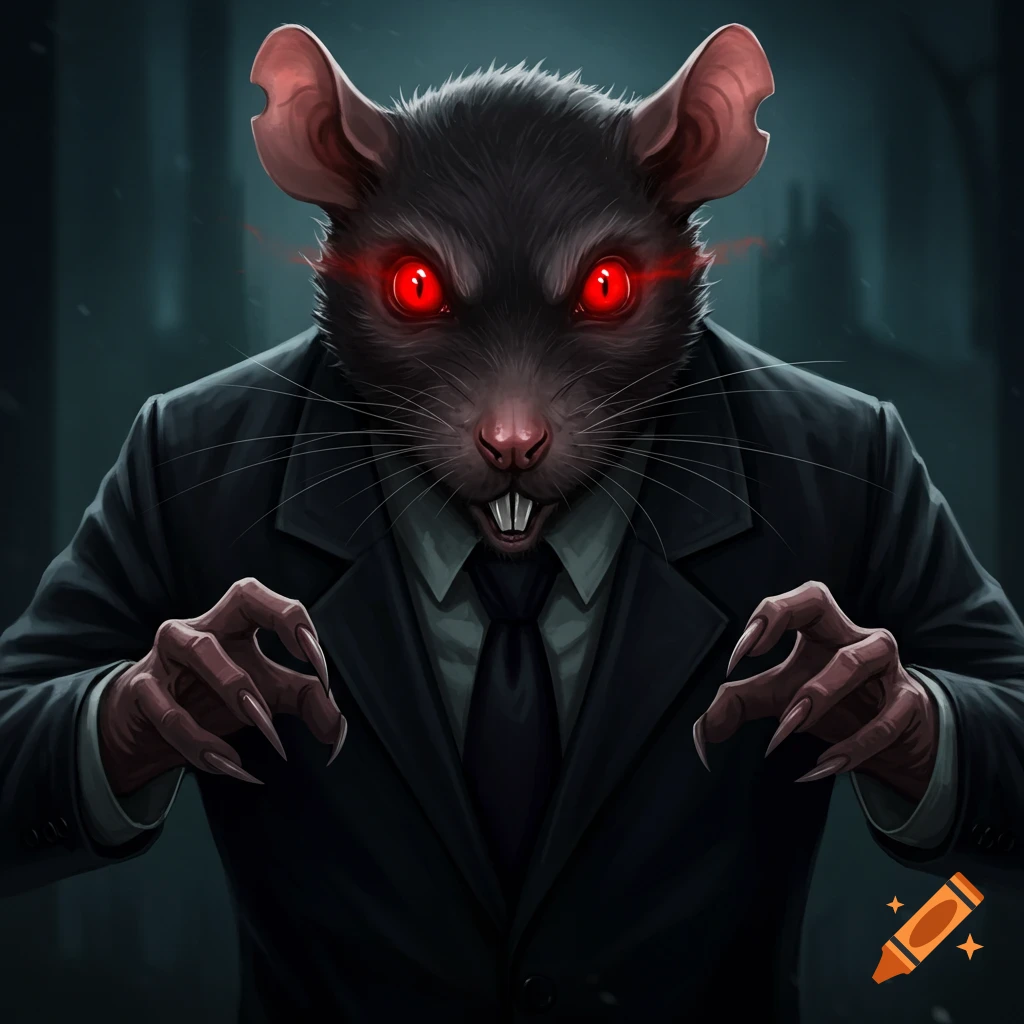 A menacing rat creature in a dark suit with glowing red eyes and sharp claws.