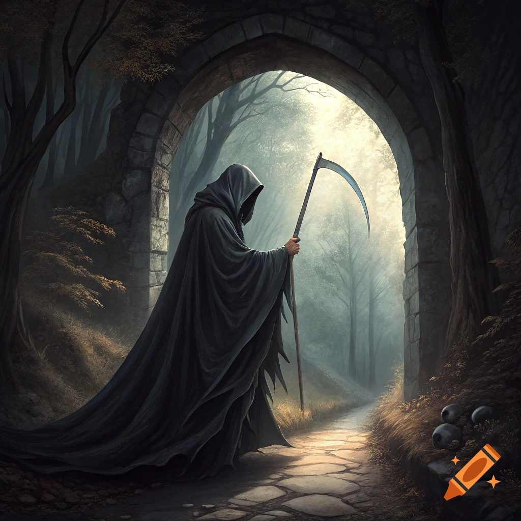 A hooded figure in a long dark cloak holding a scythe stands under a stone archway looking down a misty forest path.