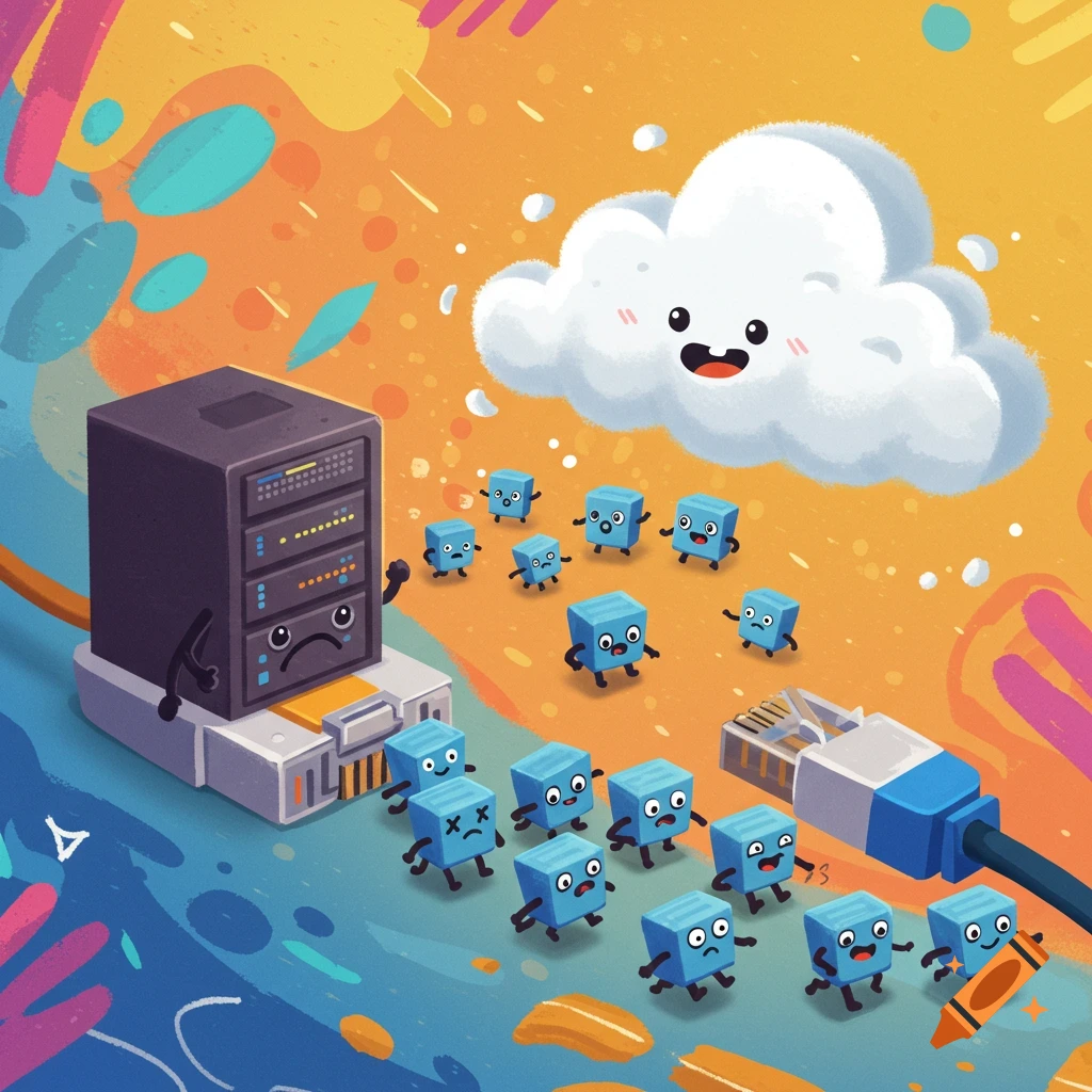 Cartoon illustration of data migrating from a server to a cloud.