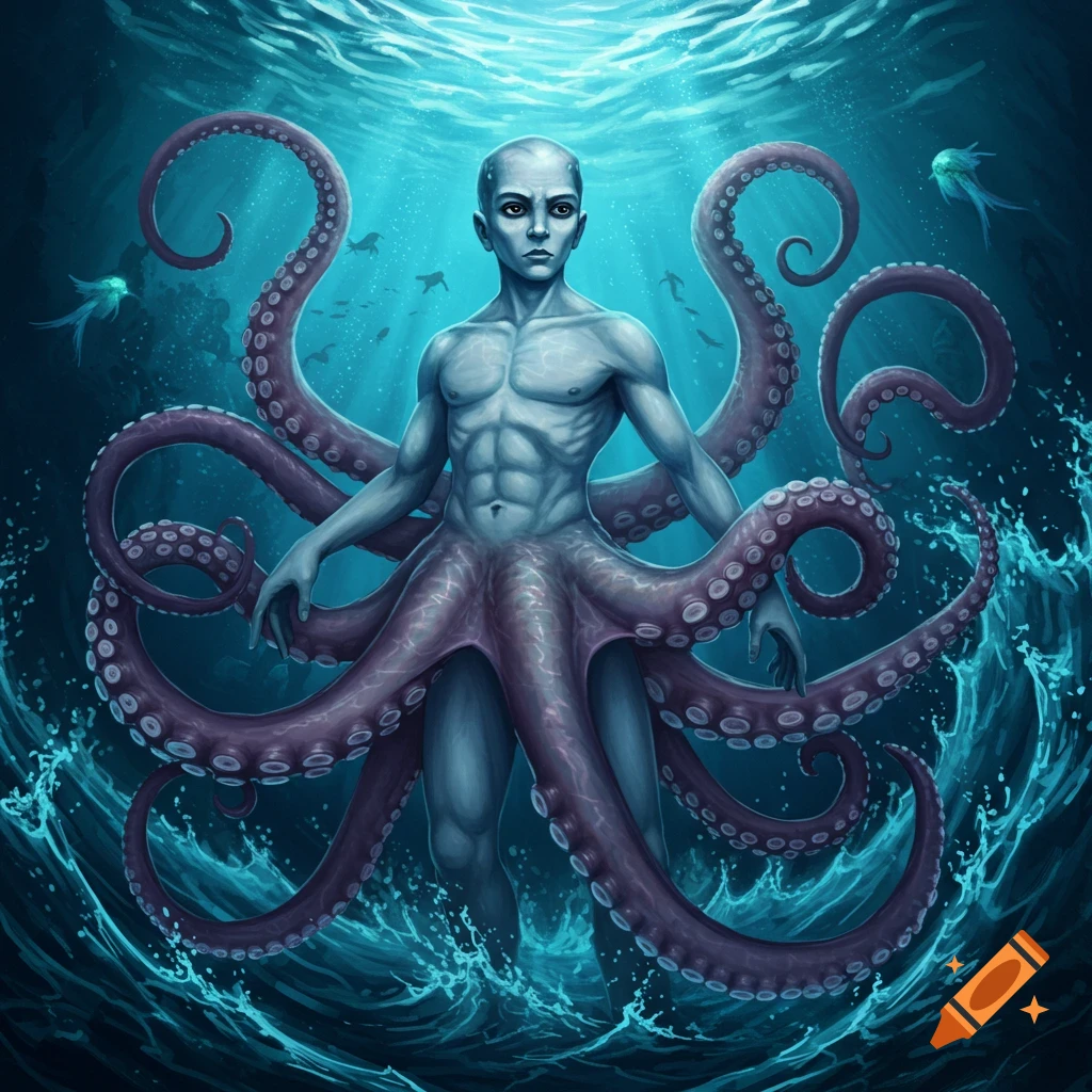 A muscular humanoid figure with octopus tentacles instead of legs stands in the ocean.