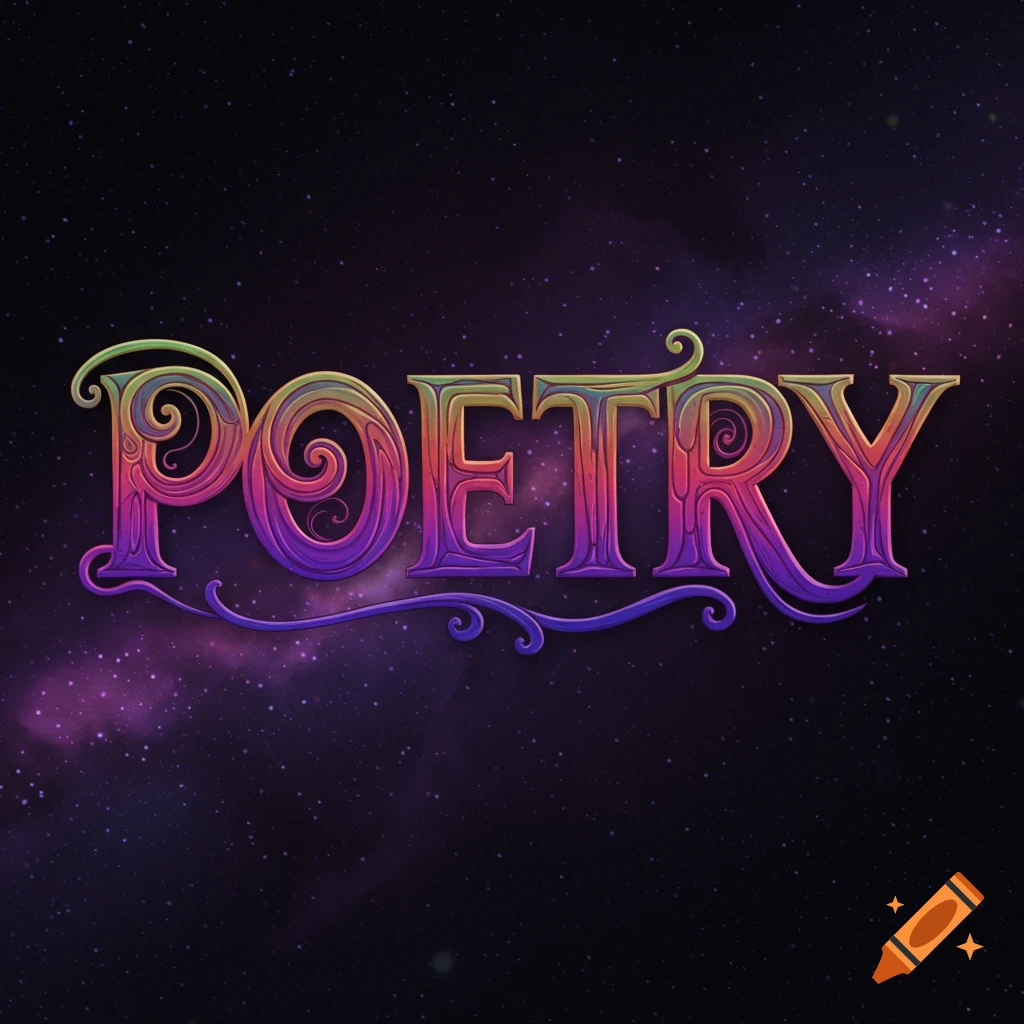 Decorative colorful text spelling POETRY against a starry cosmic background