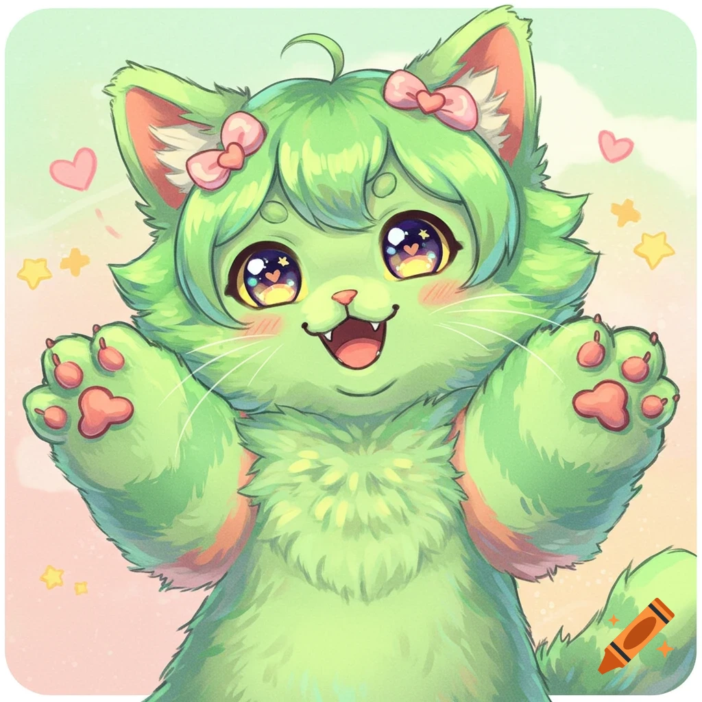 Cute green anime anthro cat with big eyes and pink bows