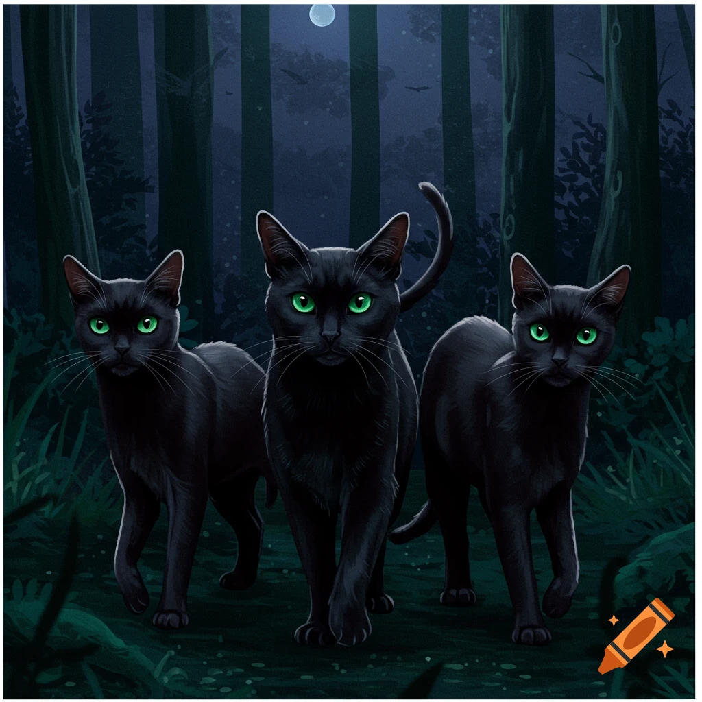 Three black cats are walking in a dark forest under a full moon.