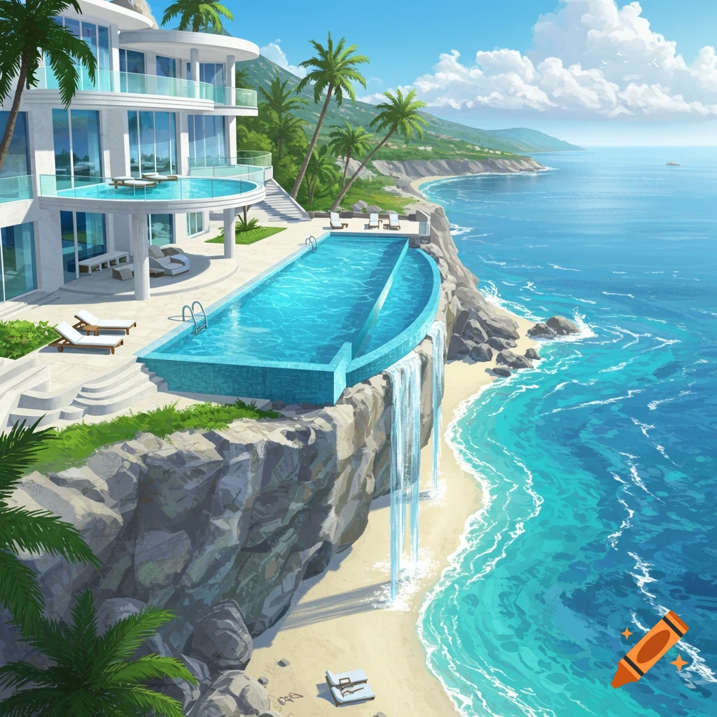 A modern mansion with an infinity pool on a cliff overlooking a tropical beach and ocean.