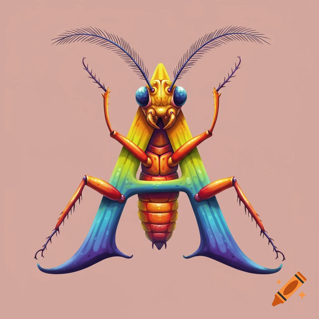 A colorful insect is forming the letter A.