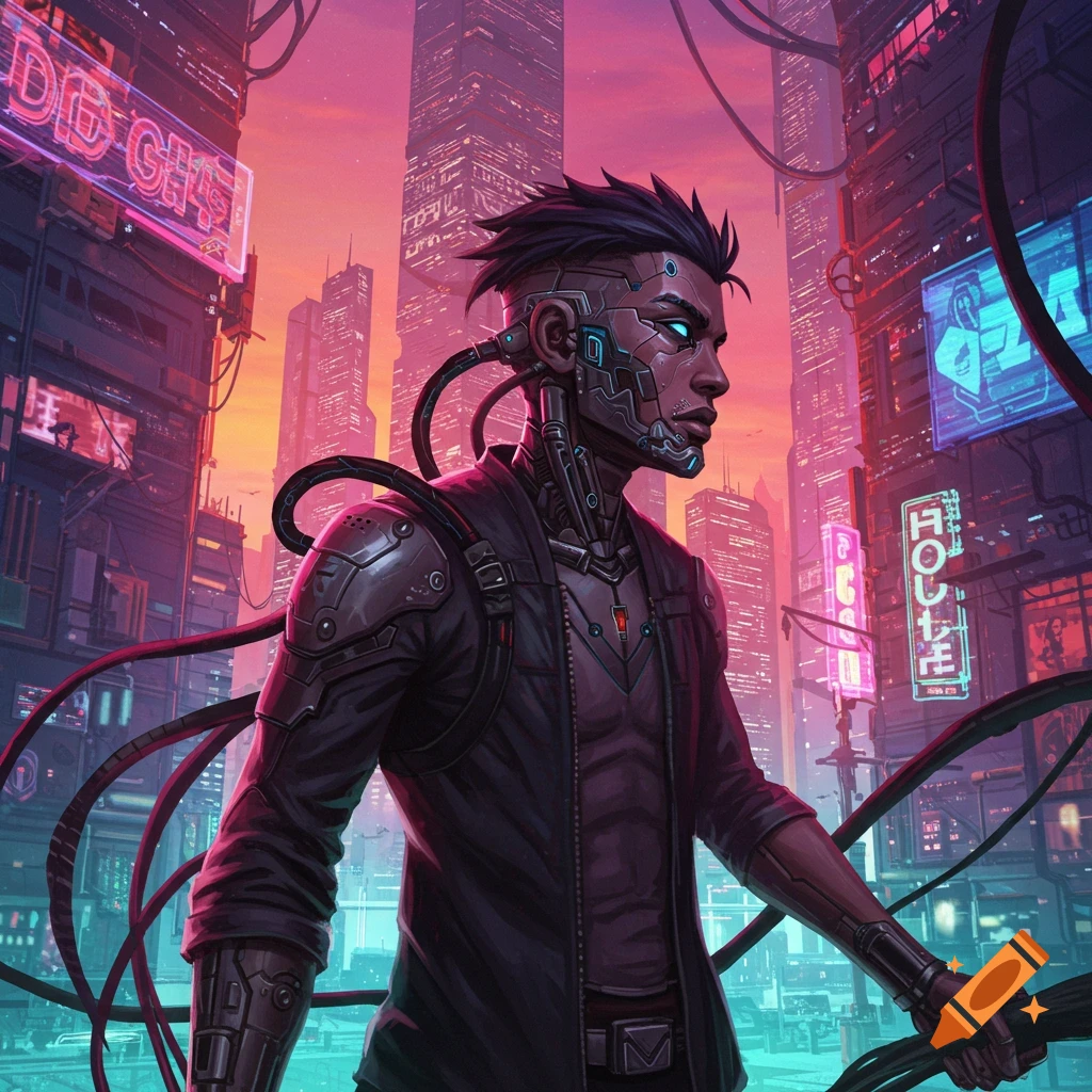 A cyborg person standing in a cyberpunk city illuminated by neon signs.