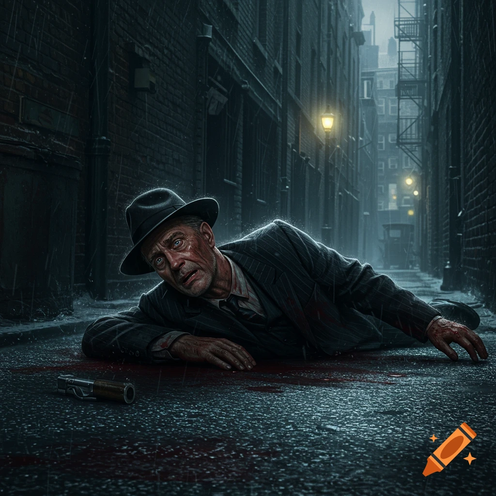 A man in a suit and fedora lies bleeding on the ground in a dark, rainy alley next to a gun.