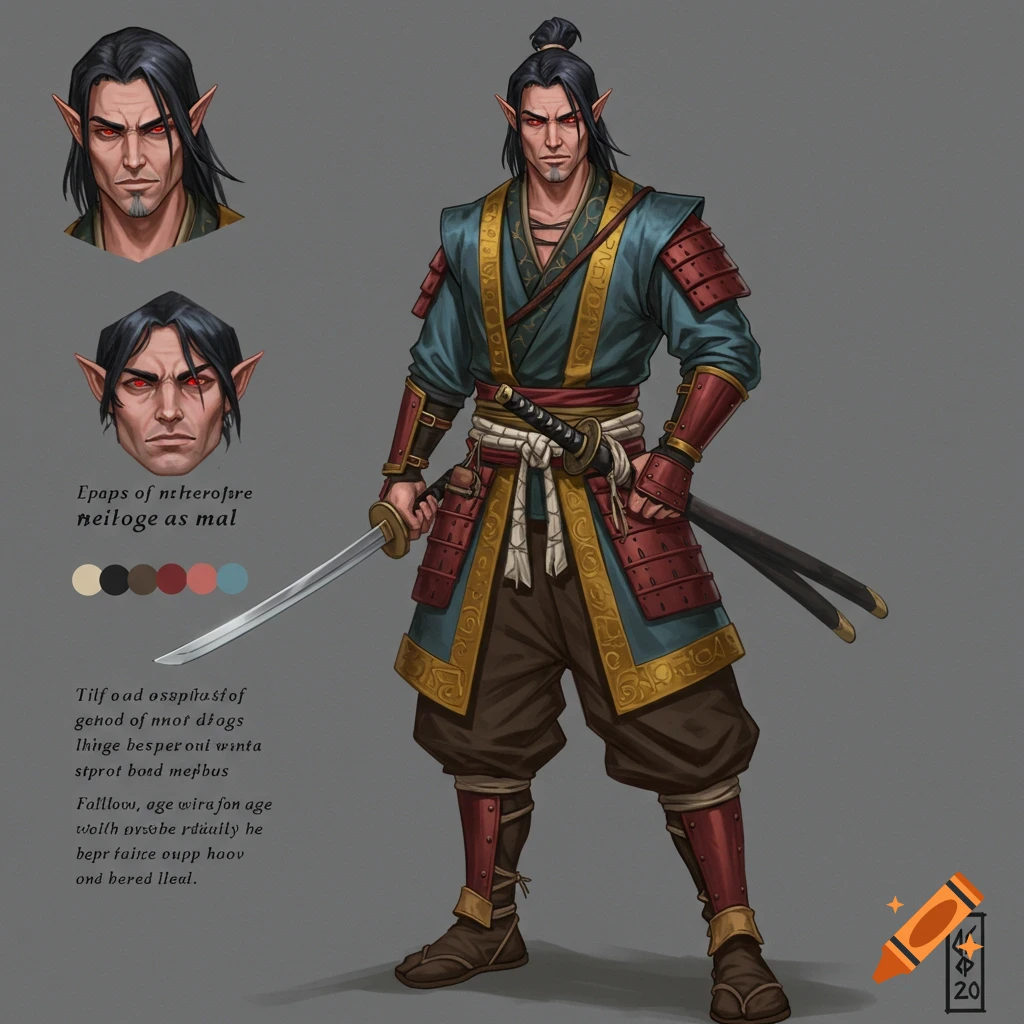 Half-elf fantasy character in samurai armor and mage robes holding a katana in an epic fantasy art style.