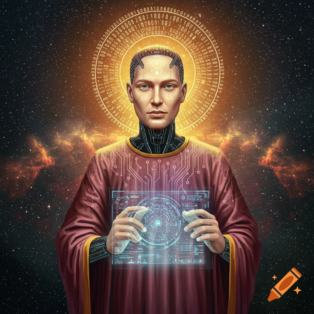 A godlike android figure in a red robe holds a data screen, with a halo of binary code in space.