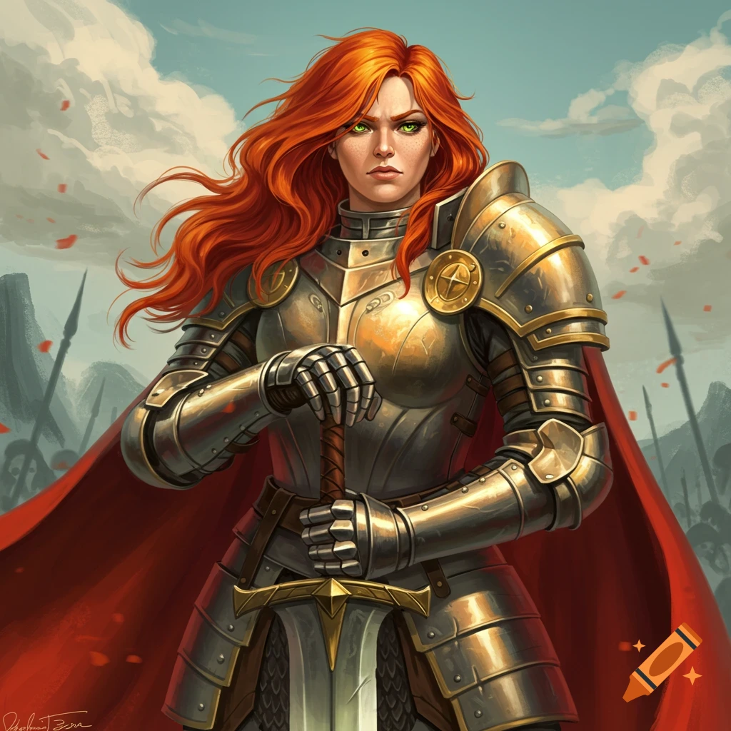 Red-haired female paladin in plate armor holding a sword in a battle scene.
