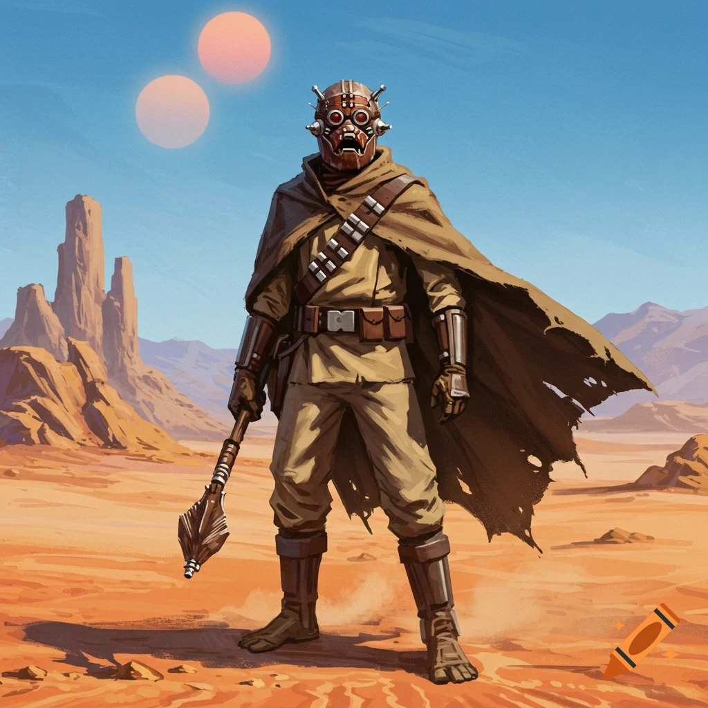 A Tusken Raider standing in a desert landscape with twin suns.