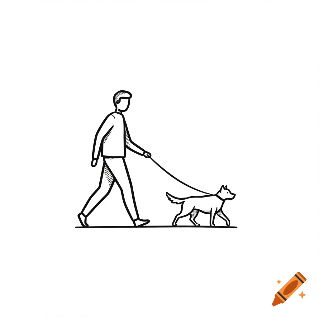 A person walks a dog on a leash in a simple black and white line drawing style.