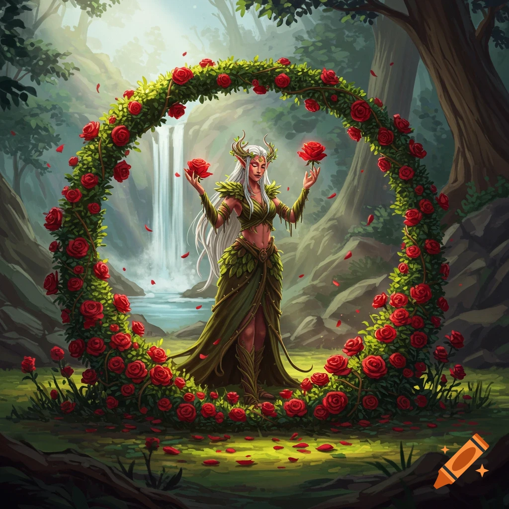 A druid goddess stands in a forest clearing, encircled by a ring of vibrant red roses, with a waterfall cascading in the background.