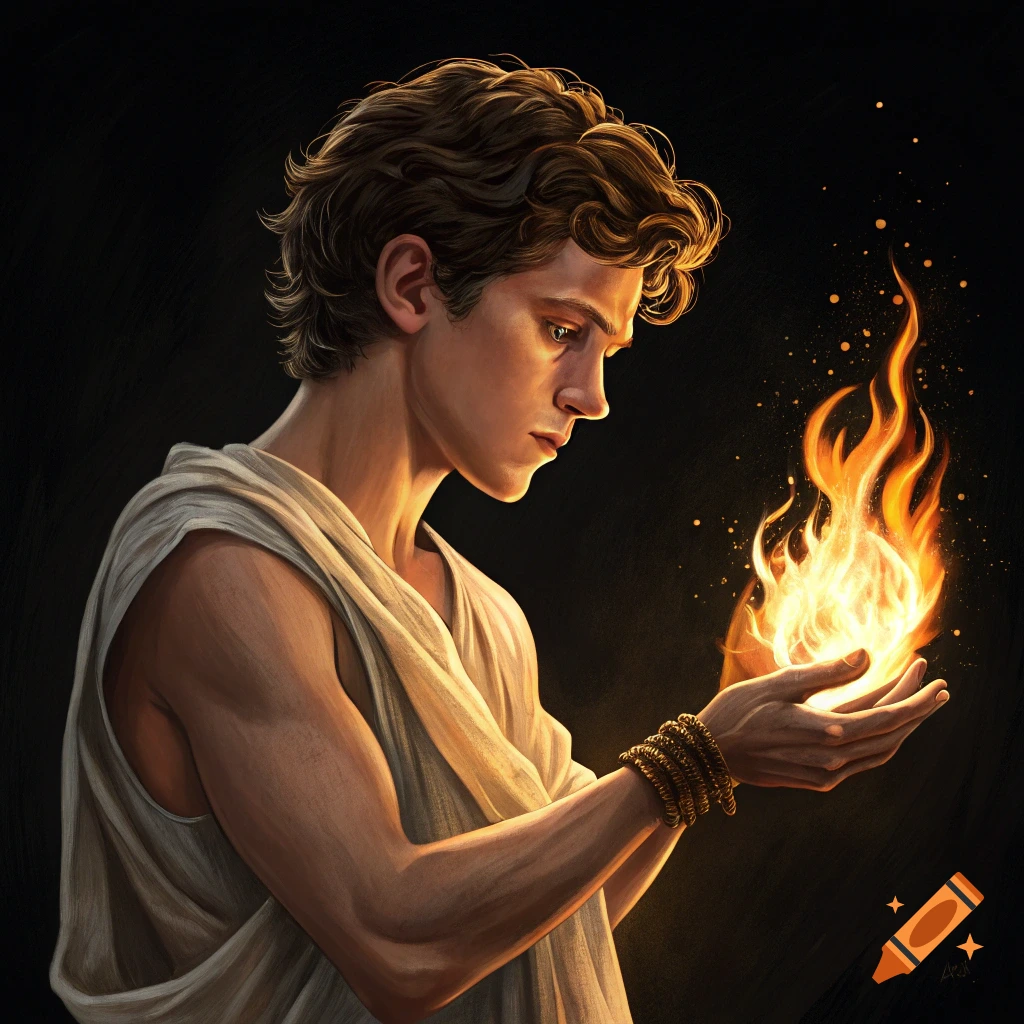 A young man in a robe holding fire in his hands against a black background.