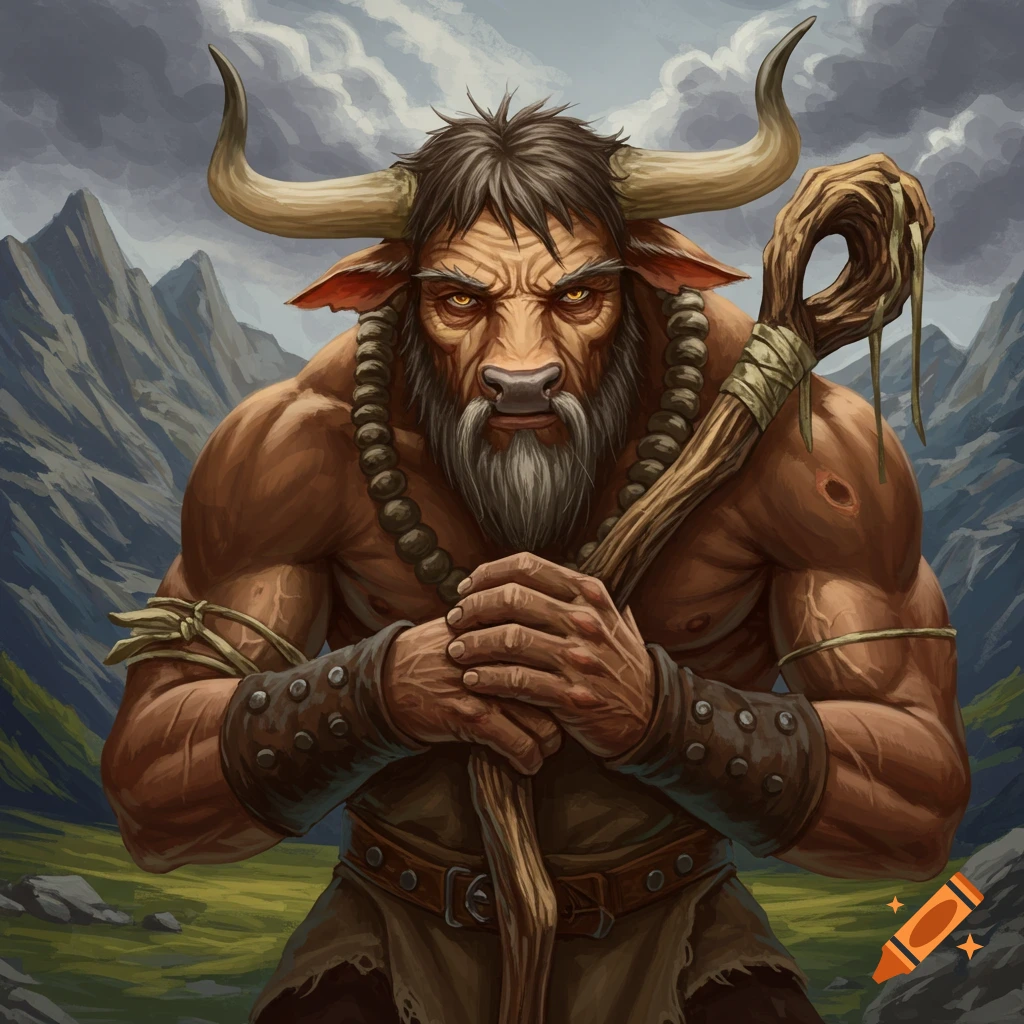 A powerful bull demi-human holding a staff in a mountain landscape.