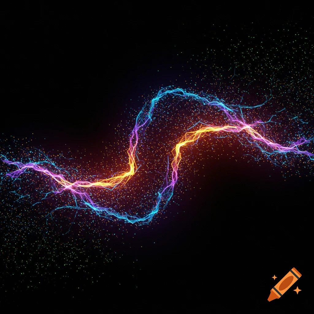 Glowing abstract network with blue, purple, and orange lines and scattered particles on black background