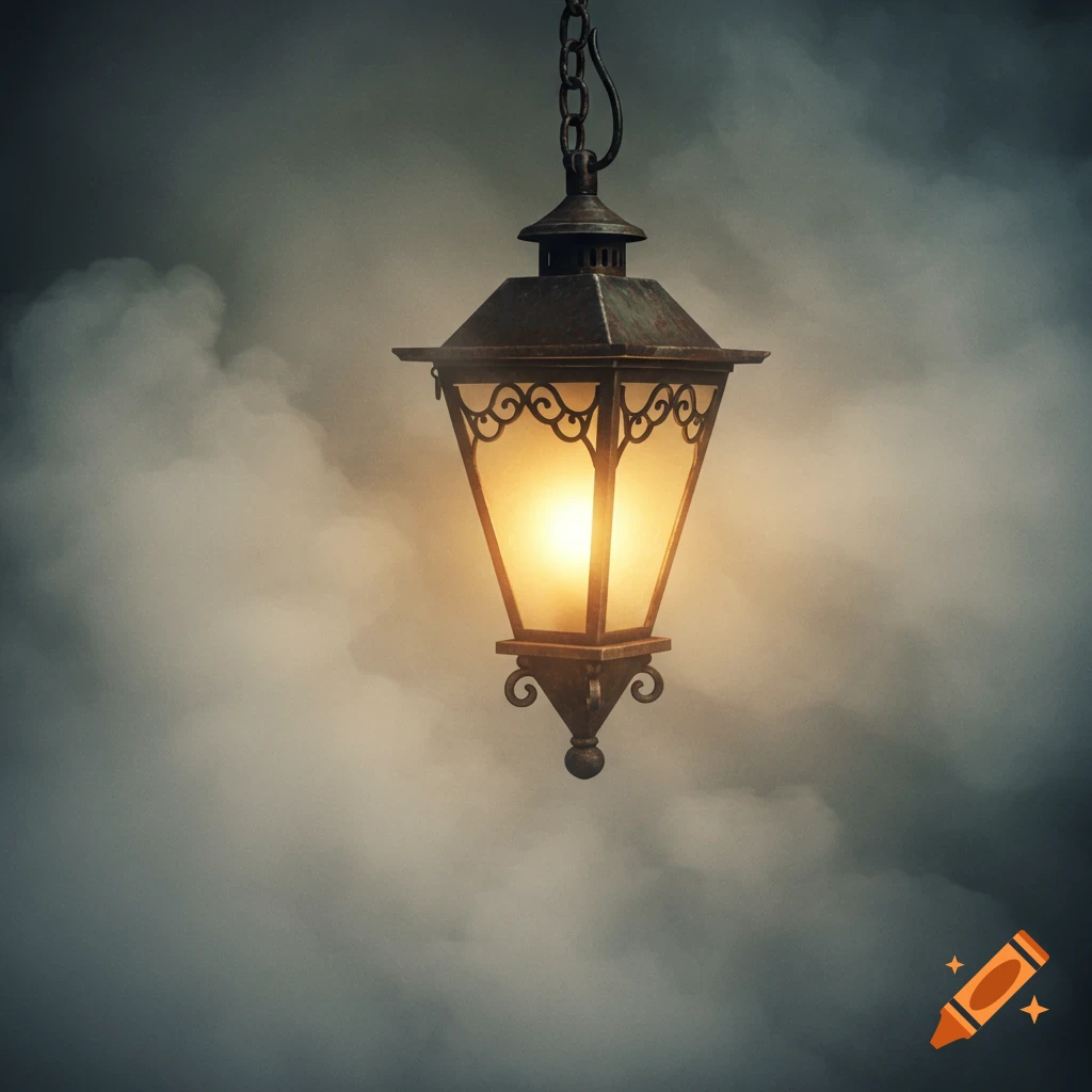 A glowing lantern hanging in dense fog.