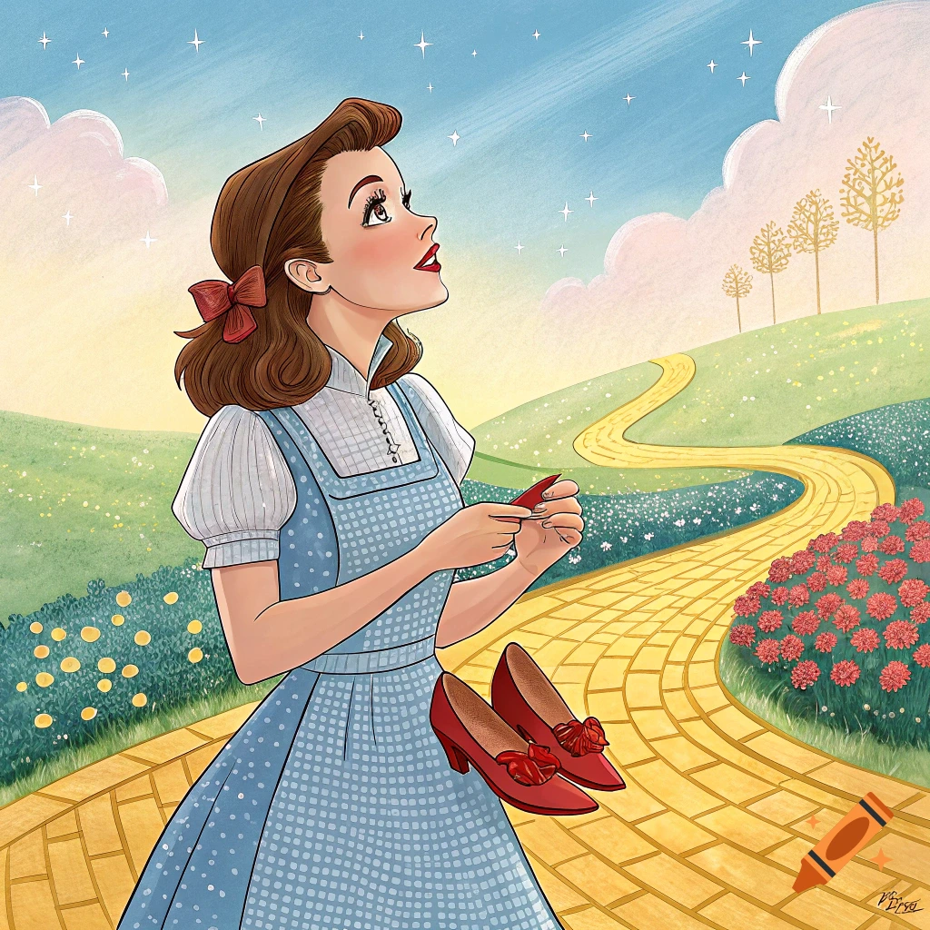 Illustration of Dorothy Gale on the yellow brick road, looking up at the starry sky, holding a ruby slipper.